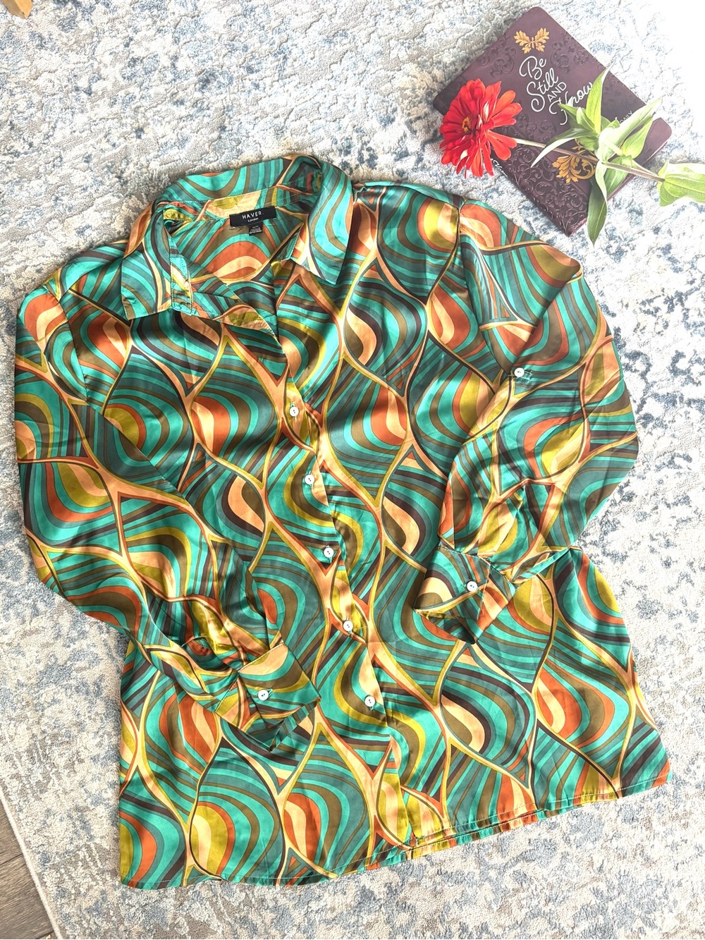 Have Multicolor Retro Wave Button-Down Shirt in Teal, Orange & Yellow